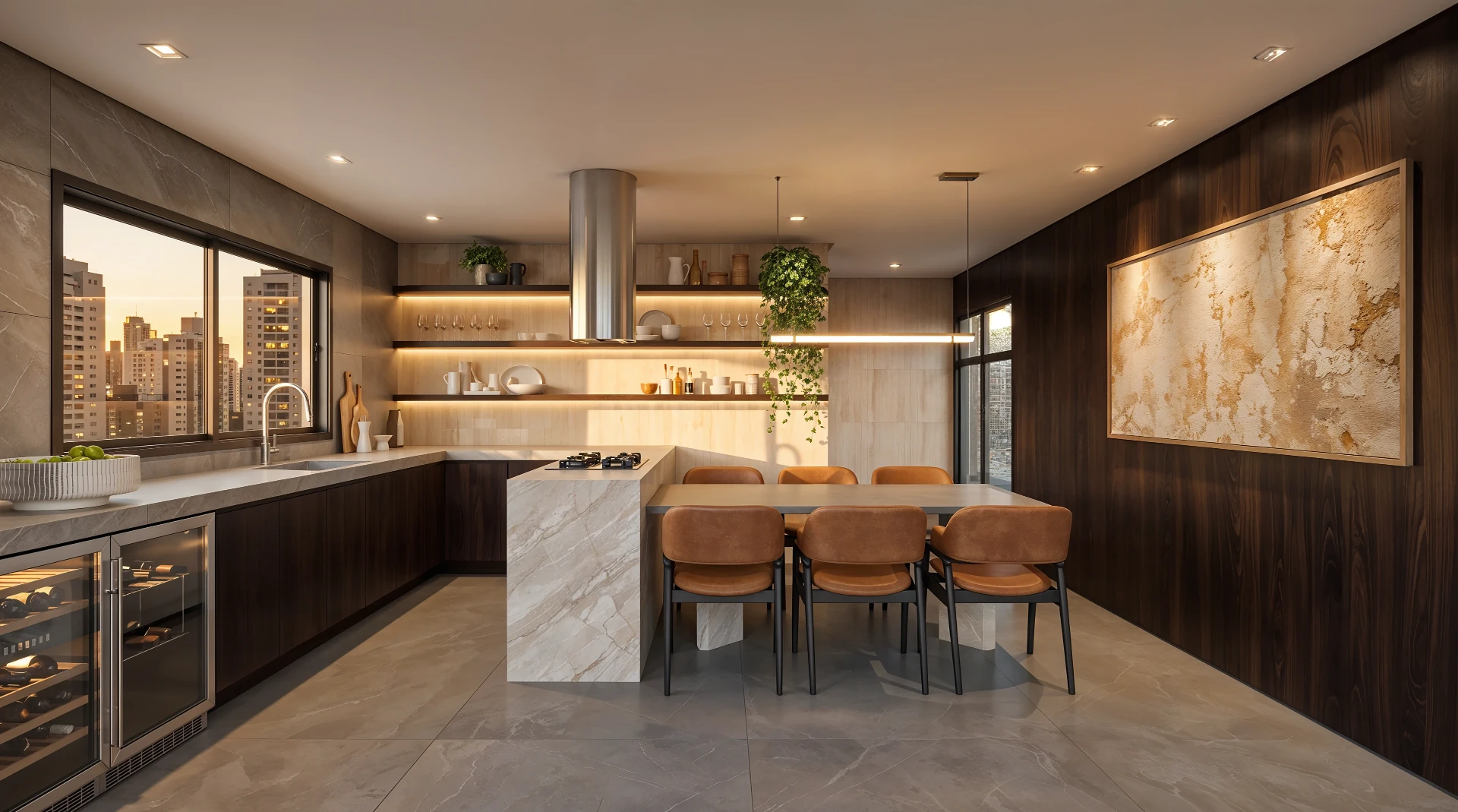 Espaço gourmet com ilha em mármore e adega