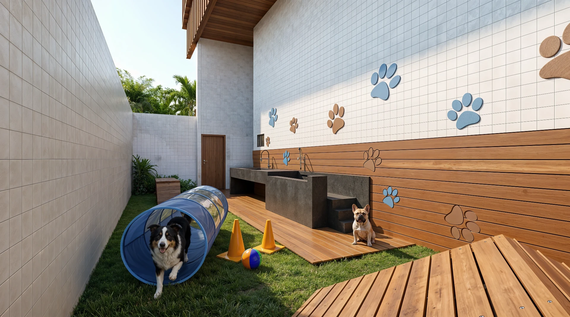 Pet place com área de banho e brinquedos
