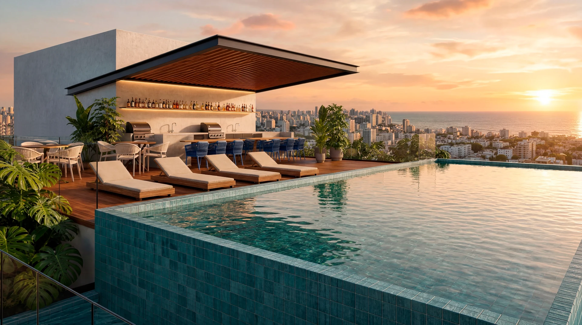 Piscina do rooftop ao entardecer