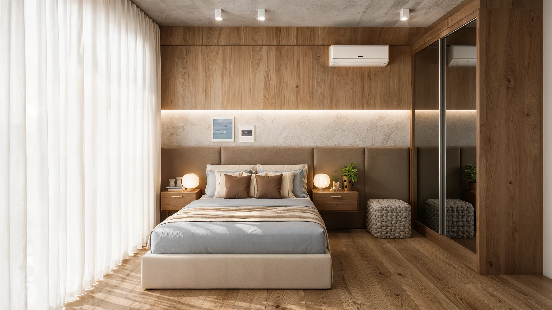 Suíte ampla com cortinas em linho