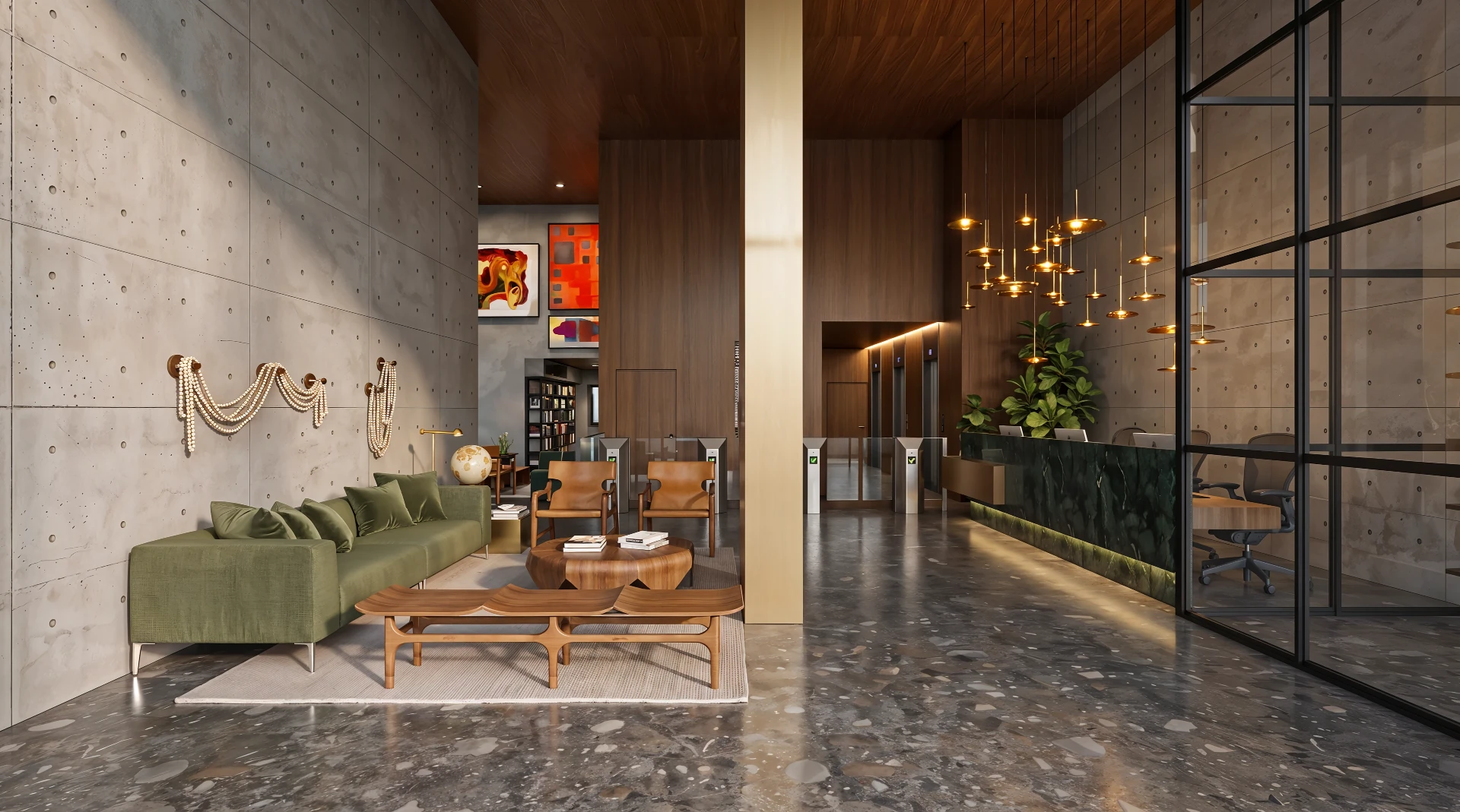 Recepção com pé-direito duplo e lounge