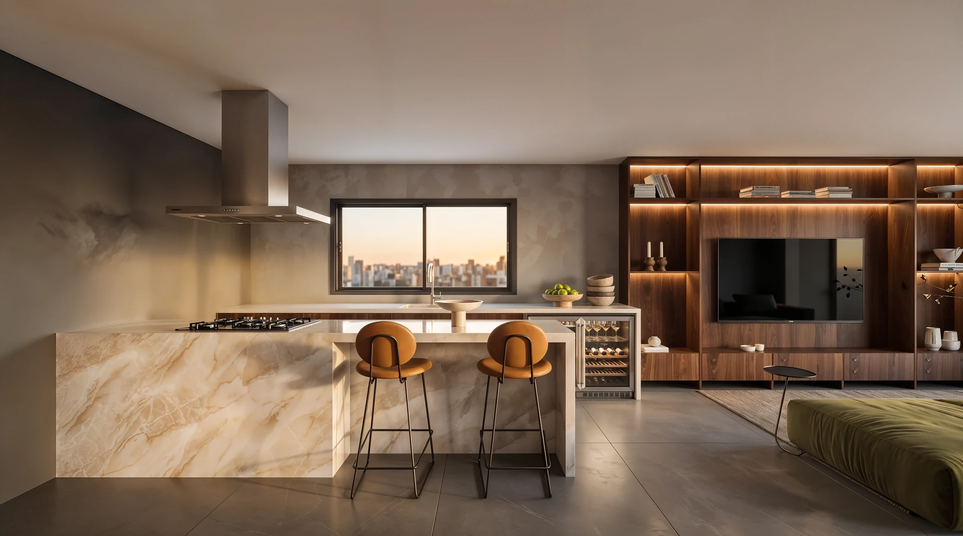 Espaço gourmet integrado ao living